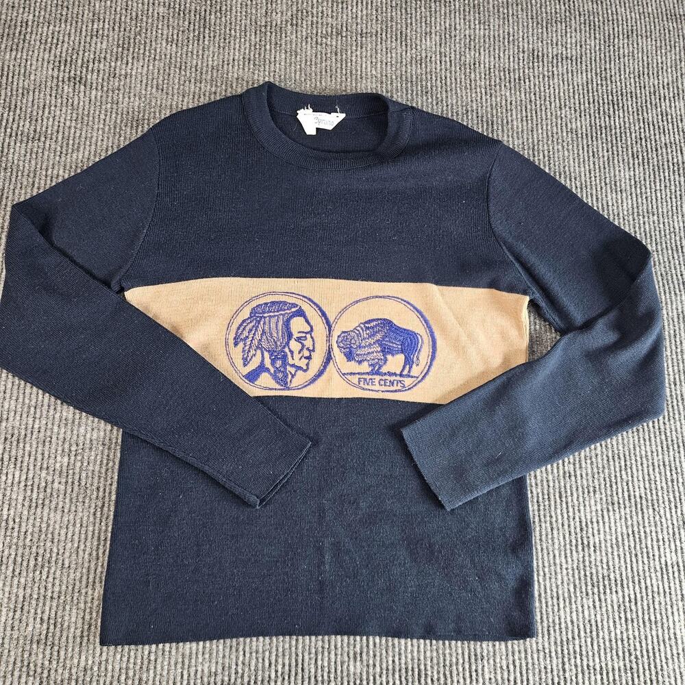 Buffalo Nickel Sweater Mens Small Navy Tan Crewneck Knit Indian Head‎ Bison Coin